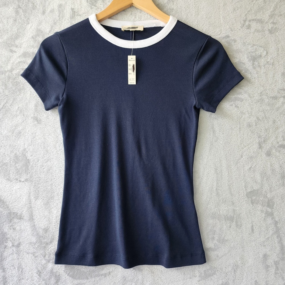 Madewell Tee Shirt Womens Size Small Navy Blue Ringer Crewneck Compact Cotton 90